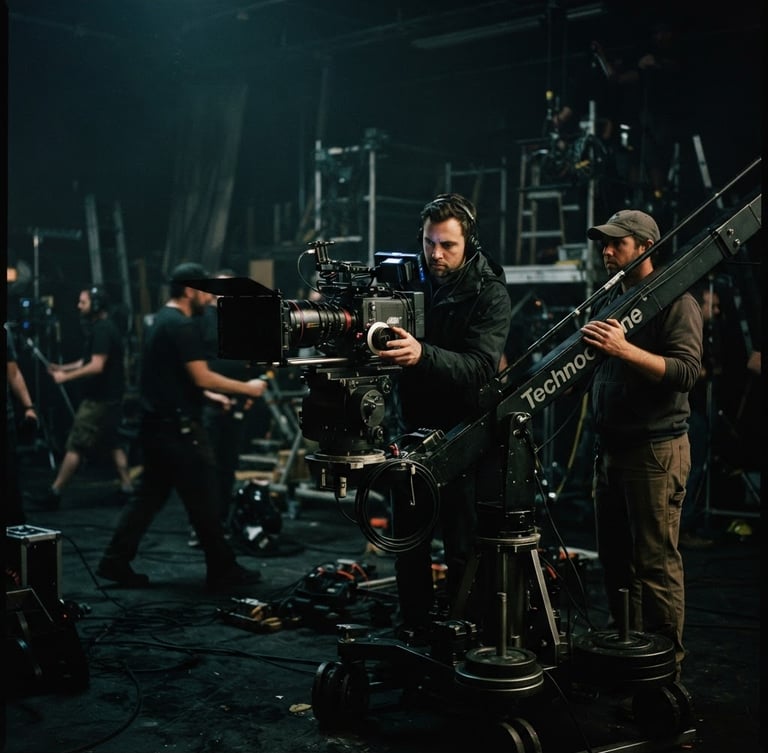 Behind-the-scenes set photo, a heavy camera rig on a crane, dramatic low-key lighting, 35mm cinematic film photography