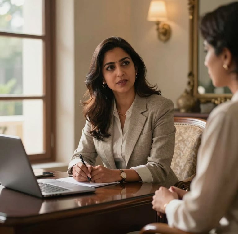 Warm natural daylight portrait of a professional female advisor consulting a family in a refined Jaipur office, soft shadows, elegant interior