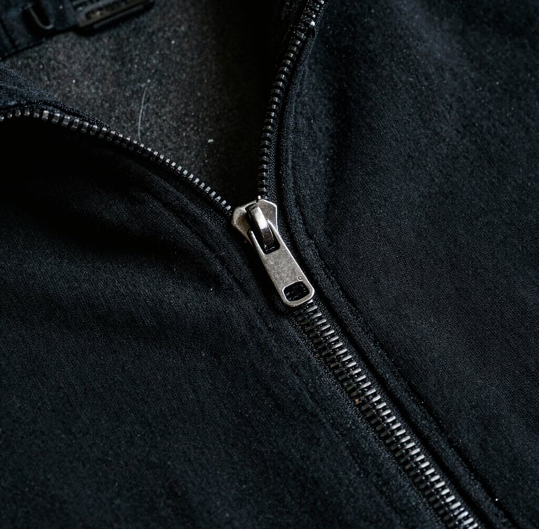 Dramatic low-key close-up of heavy-gauge black cotton fabric textures, a polished metal zipper detail, dark concrete background, sharp focus, 35mm film grain