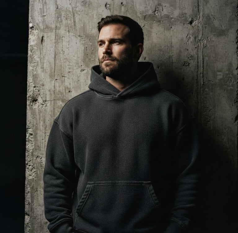 Low-angle heroic medium shot of a model wearing a structured, heavy-gauge charcoal hoodie, standing against a raw concrete brutalist wall, dramatic low-key studio lighting, deep shadows
