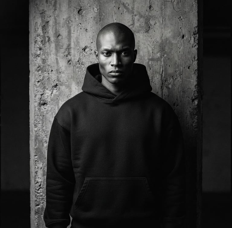 Stoic model wearing a heavyweight structured black hoodie, architectural concrete column background, dramatic low-key studio lighting with deep shadows, sharp focus, 35mm film grain