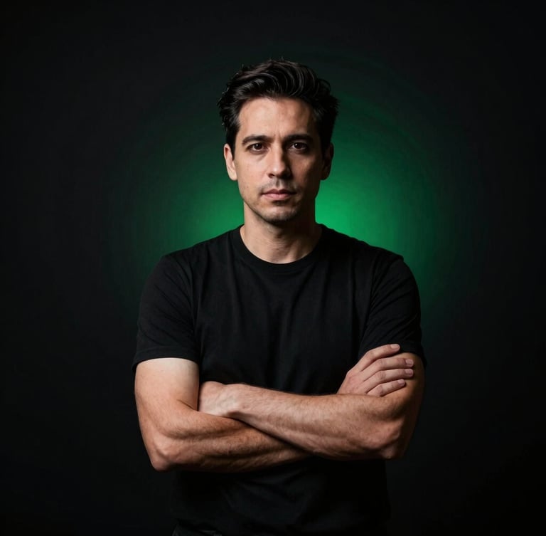 Moody dark portrait of a confident male mentor in a minimalist workspace, high-contrast studio lighting, deep black background with subtle emerald green reflection, 85mm portrait lens.