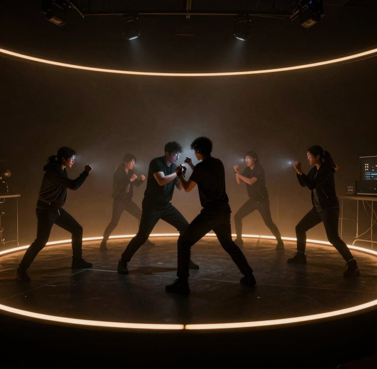 A dark motion capture stage with actors in active combat, glowing optical markers, moody atmospheric fog, amber rim lighting.