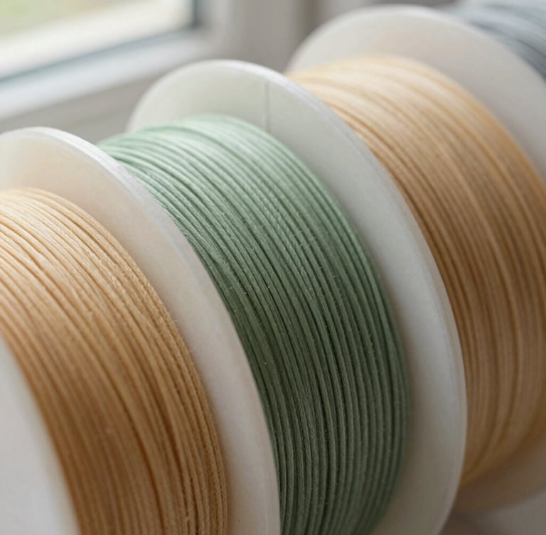 Close-up macro photograph of raw eco-friendly filament spools in sage green and warm sand tones, soft directional natural daylight highlighting the matte texture, 50mm lens