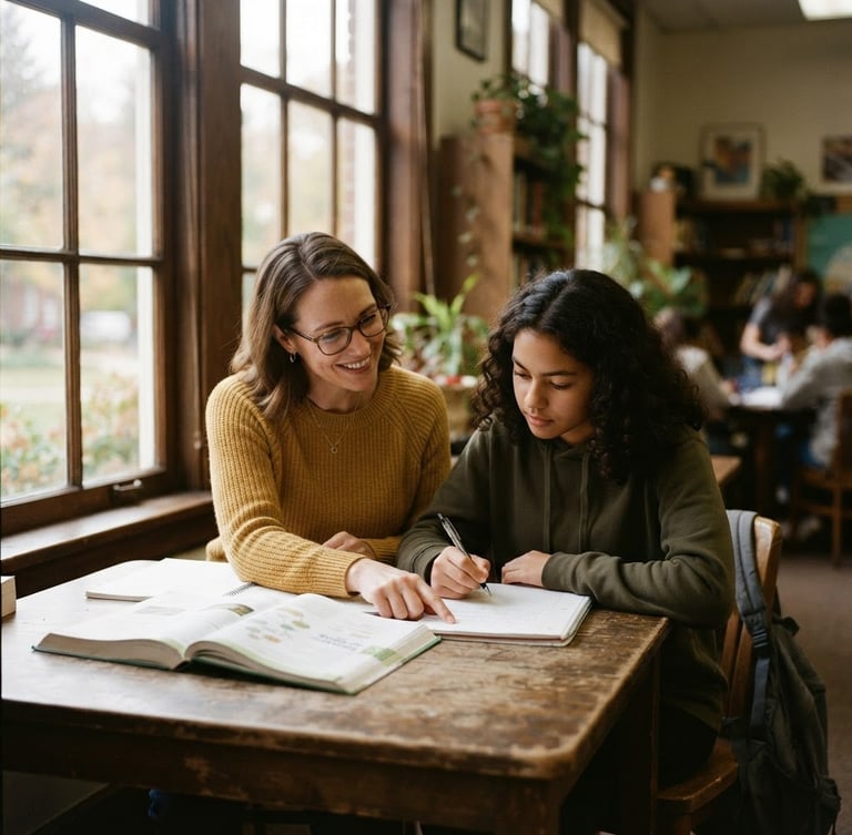 Warm editorial photography of a teacher mentoring a student near a large window, soft natural light, rich muted tones, shallow depth of field, authentic 35mm style