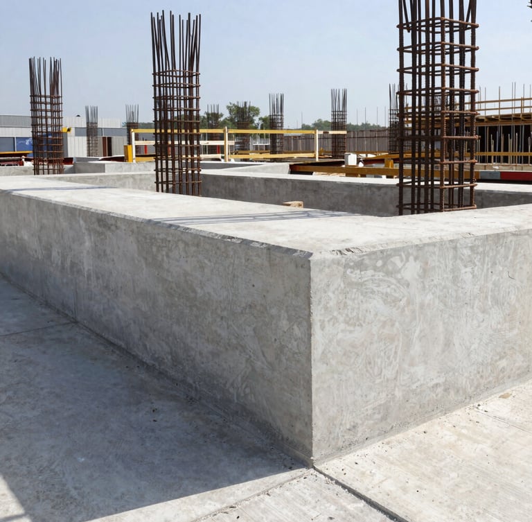 Sharp daylight architectural photography of a concrete quality test on a construction site, structural steel reinforcement visible in background, professional engineering environment