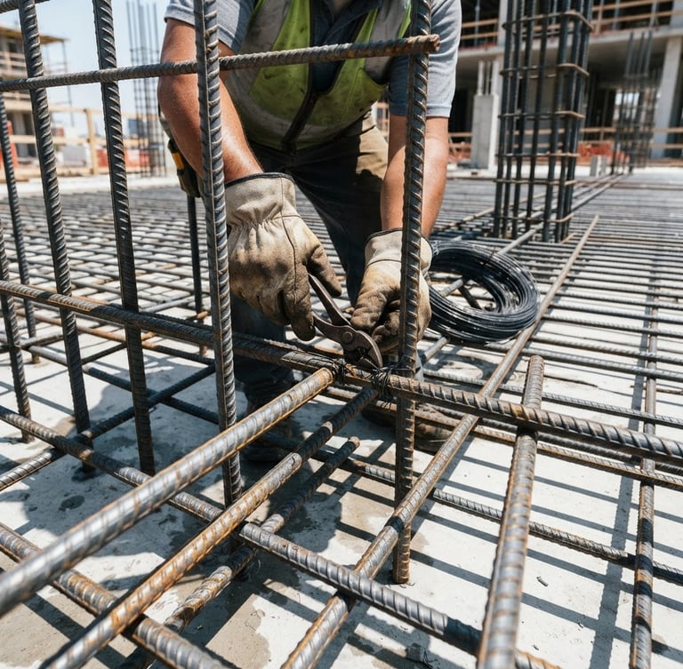 Close-up of structural steel reinforcement bars being wired together on a clean construction site, bright daylight, high-contrast shadows, architectural precision