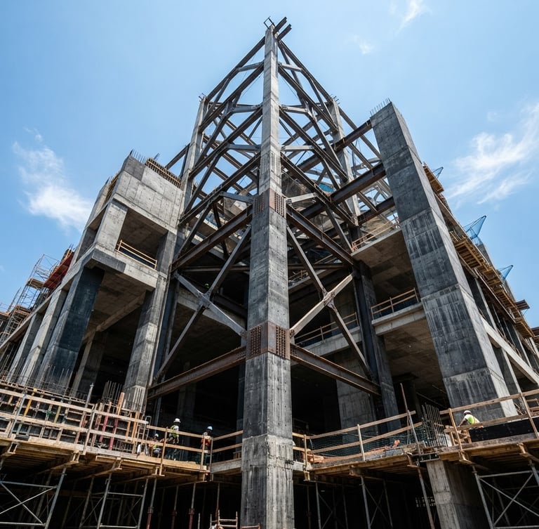 Architectural photography, low-angle shot of a concrete structure under construction, structural steel beams, bright daylight, high contrast slate tones