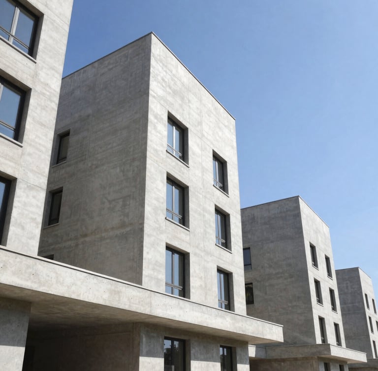 Low-angle architectural perspective of a newly constructed modern concrete residential cluster with clean geometric lines, bright daylight, clear blue sky