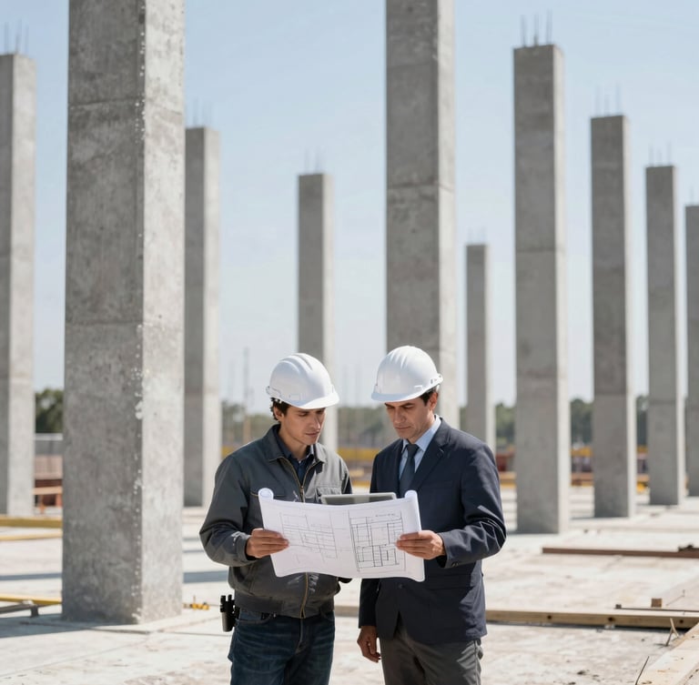 Professional civil engineers looking at structural blueprints on a tablet on-site, concrete columns in background, crisp daylight, high contrast