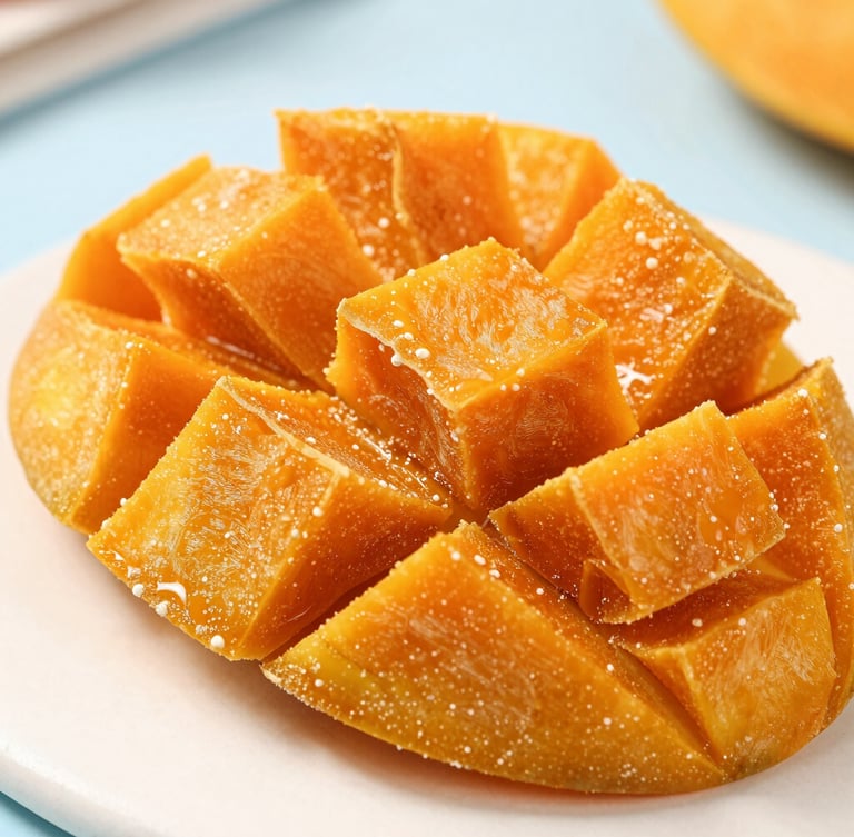 Macro photograph of perfectly cubed dehydrated mango, sharp focus on rich orange texture, bright natural daylight, clean industrial precision, 50mm lens