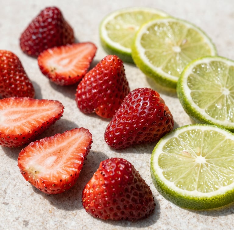 Bright natural daylight shot of premium dehydrated sliced strawberries and lime wheels arranged on a clean light stone surface, vibrant red and green colors, sharp details