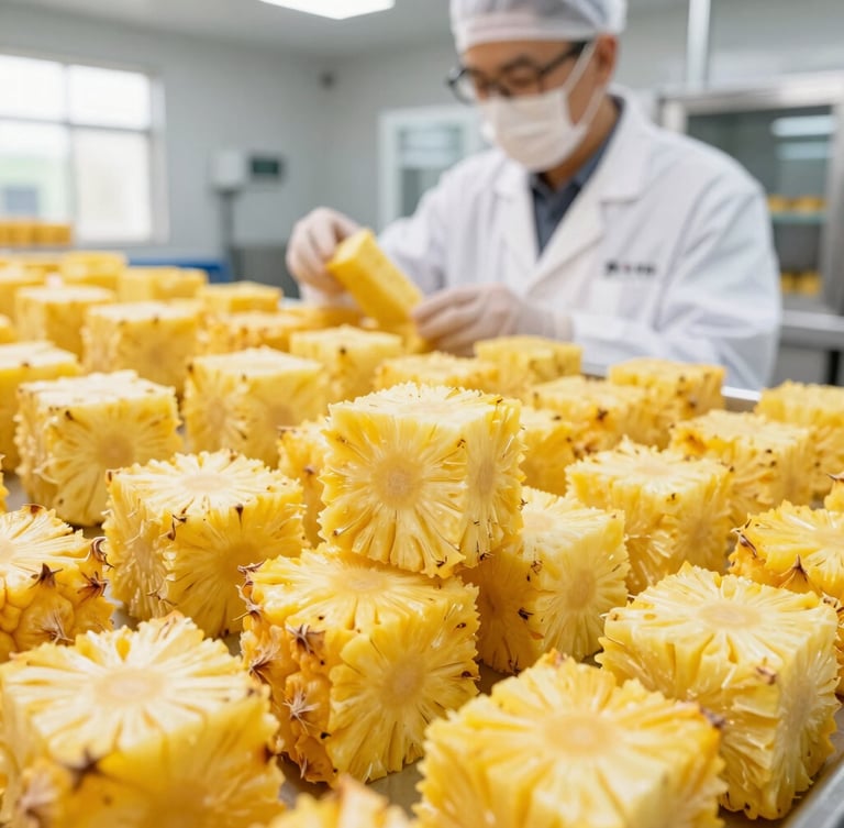 A quality control expert in clean white B2B industrial food facility examining uniform cubes of dehydrated pineapple, bright natural light, professional environment