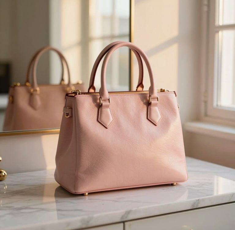 A luxury designer leather handbag resting on a polished white marble surface, soft golden-hour window light reflecting off a nearby vanity mirror, romantic editorial photography, shallow depth of field