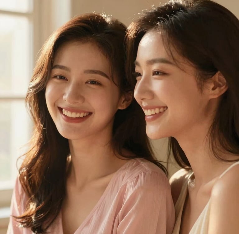 Intimate portrait crop of two women laughing softly, warm golden lighting, shallow depth of field, romantic and elegant editorial style
