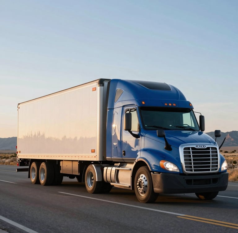 Low-angle heroic shot of a clean, modern semi-truck with a refrigerated trailer driving on an open Utah highway during golden hour, crisp lighting, 35mm photography
