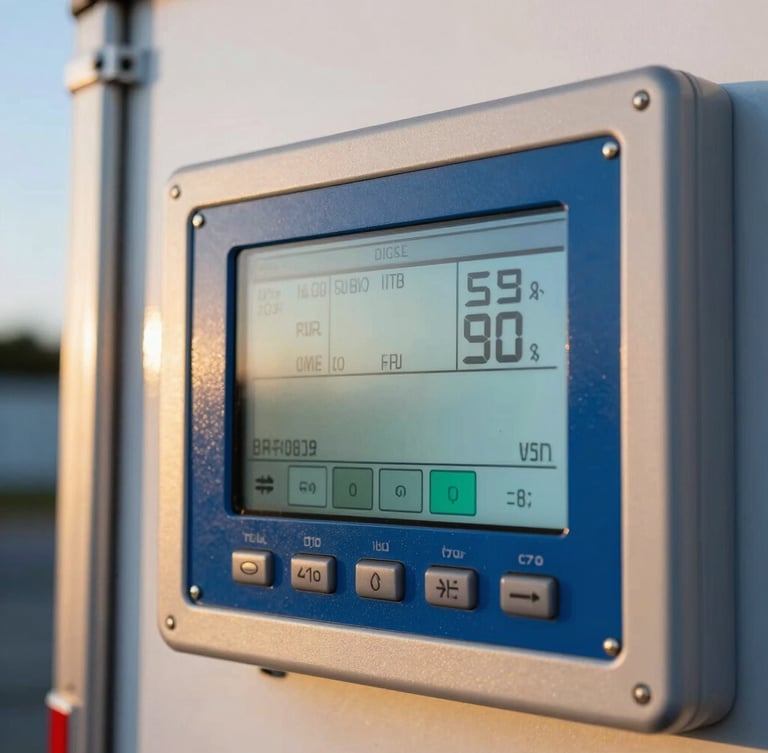 Close-up of a refrigerated trailer's digital temperature control panel glowing in the early morning light, crisp focus on the telemetry display, professional logistics setting