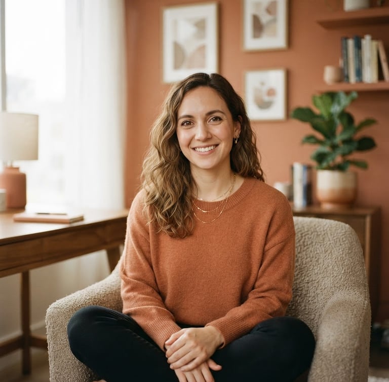 Warm professional portrait of a female clinical psychologist in her 30s, Dr. Cesiah, smiling gently, sitting in a warm minimalist office with terracotta accents, soft diffused natural daylight, shallow depth of field.