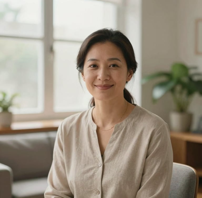 Warm professional portrait of a female psychologist in her late 30s, gentle smile, neutral clothing, soft natural daylight filtering through a window, blurred background of a calm consultation room with a green plant.