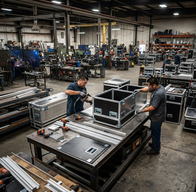 Wide shot of a modern industrial manufacturing floor in Fresno, California, with heavy-duty transit cases in various stages of assembly, under high-contrast workshop lighting. Focus on structural integrity.