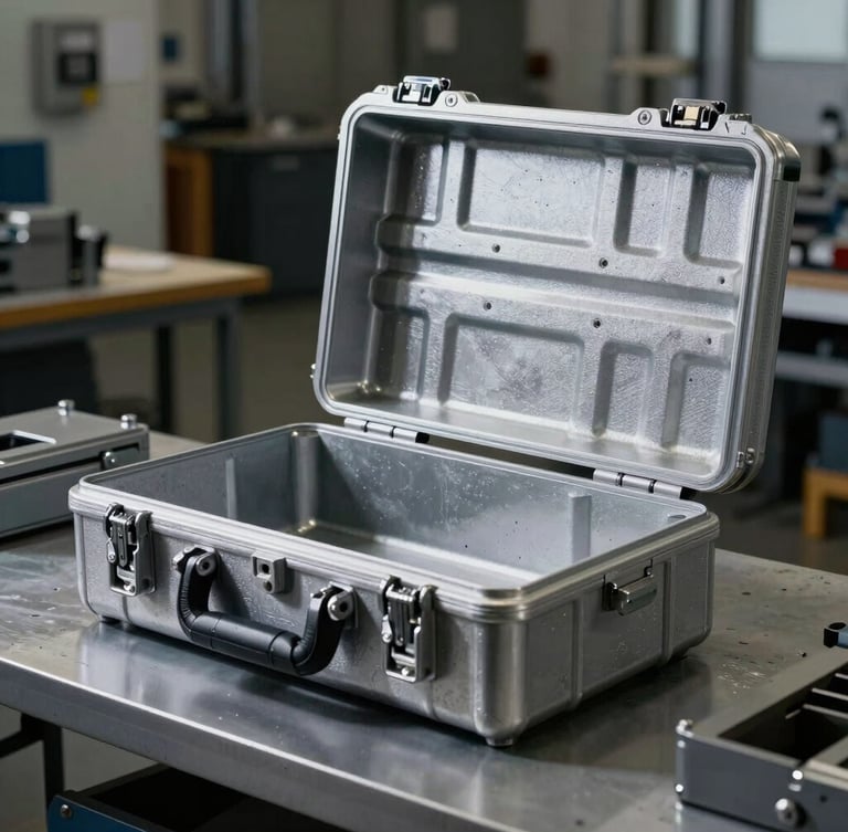 Industrial product photography, high-contrast workshop lighting, cool metallic tones, sharp focus on a heavy-duty custom protective case being assembled on the Fresno factory floor, technical details, 50mm
