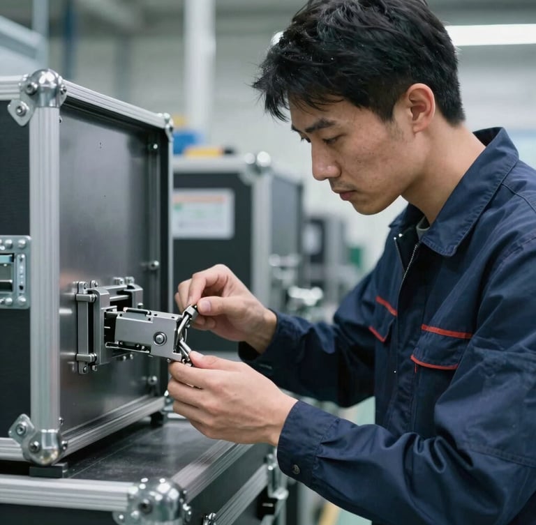 Portrait shot of a skilled technician on a manufacturing floor inspecting heavy-duty latches on a transit case, industrial workshop lighting, cool metallic tones, sharp focus on hands and metal, 50mm.