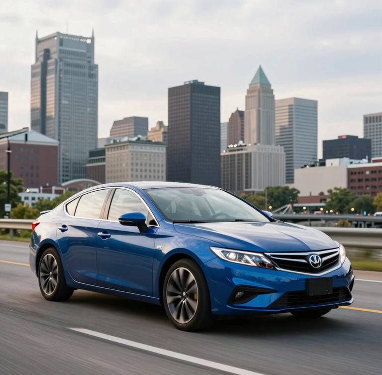 A wide-angle professional photograph of a clean car driving along the Parkway East in Pittsburgh during a soft overcast afternoon, city skyline in the background, sharp focus, 35mm lens.
