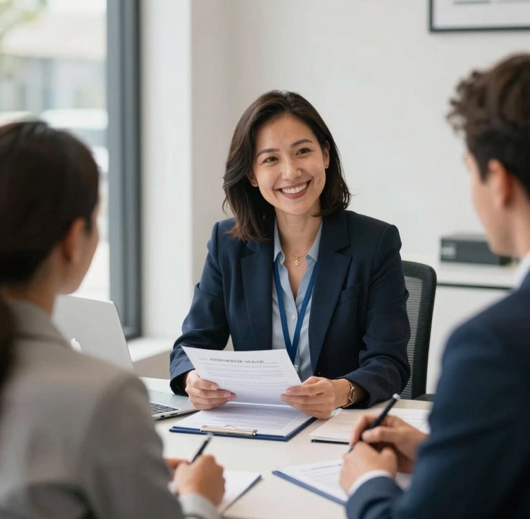 A warm, modern insurance office interior on Forbes Avenue, a licensed agent smiling and discussing a policy with a client, soft natural light, professional editorial photography, 35mm lens