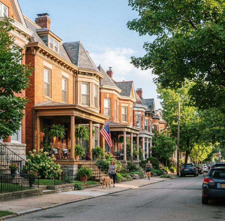 Bright morning light shining on a row of classic brick Pittsburgh homes with front porches, tree-lined street, professional editorial photography, sharp focus, 35mm lens