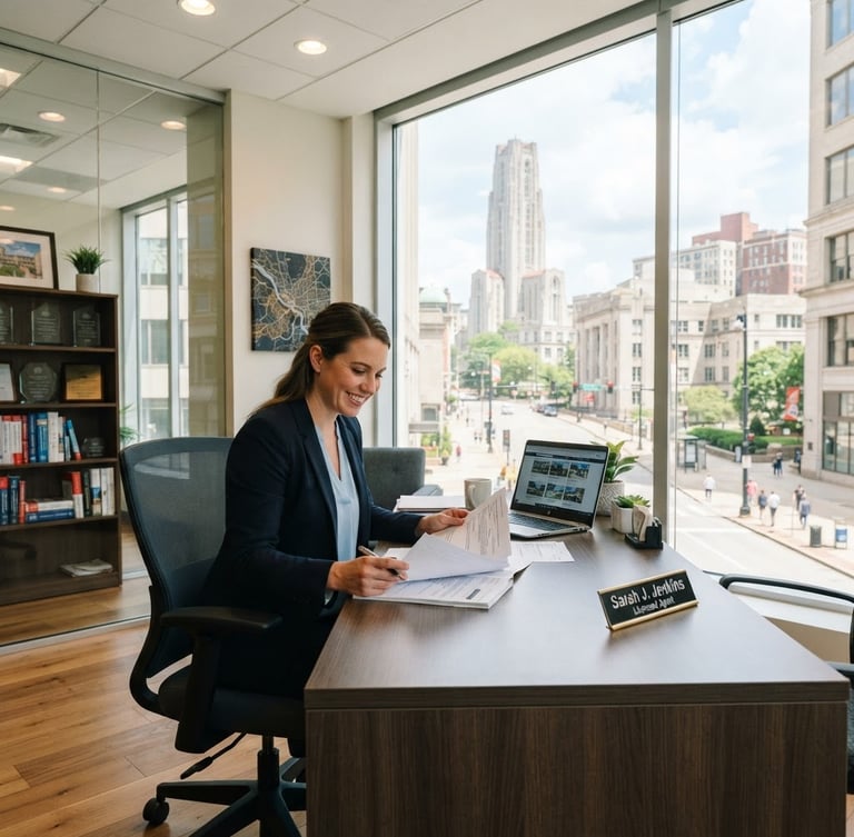 A bright, professional office on Forbes Avenue in Pittsburgh, clean glass windows, warm interior lighting, with a licensed agent sitting at a desk, professional editorial photography, 35mm lens.