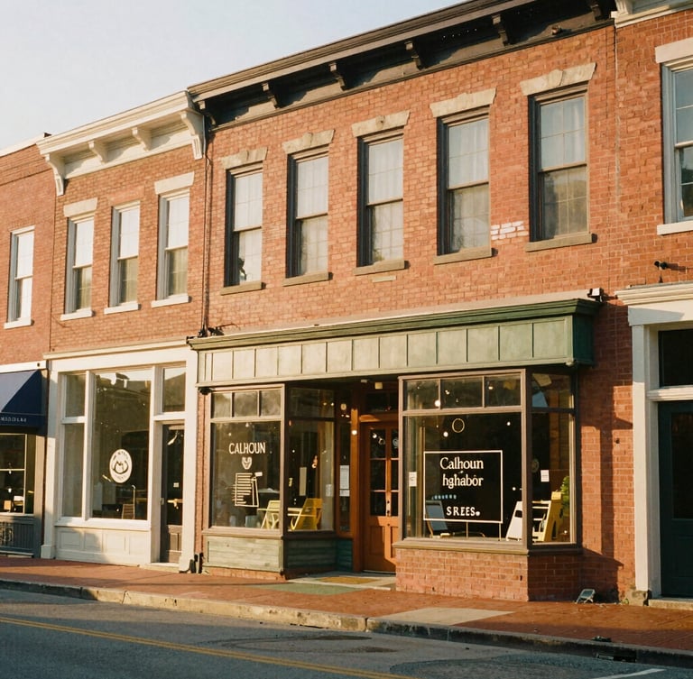 Warm editorial photograph of Calhoun Street storefronts at golden hour, historic brick buildings, soft Midwestern light, 35mm film texture
