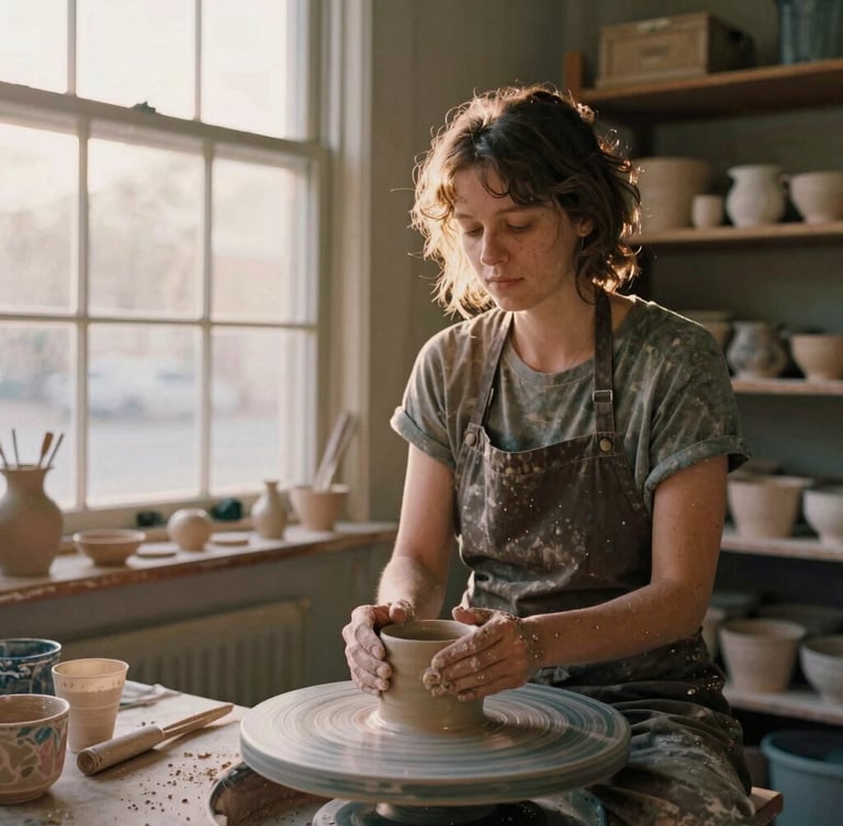 Candid portrait of a local ceramic artist in her Fort Wayne studio, warm golden-hour light filtering through a window, clay-dusted hands, 35mm film texture.