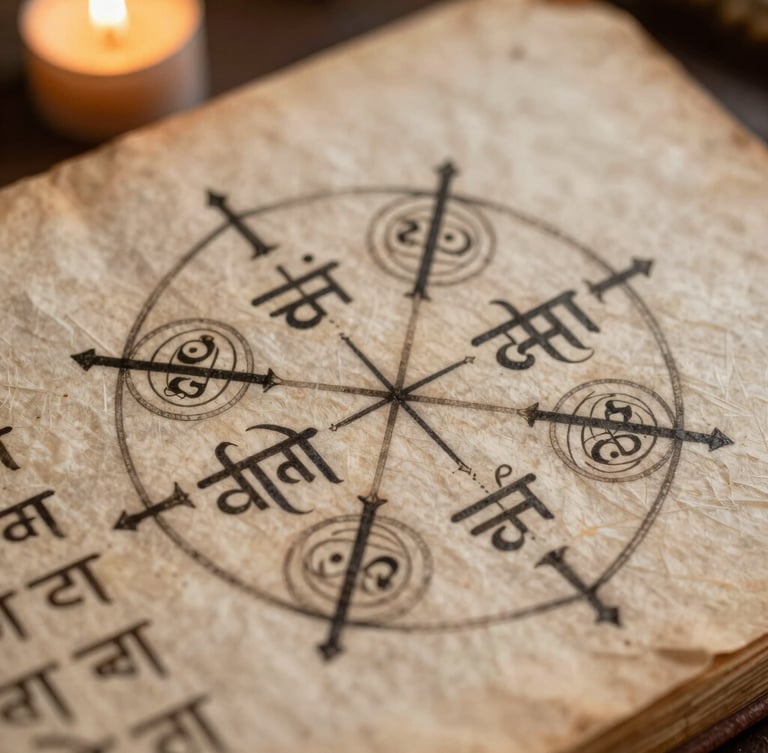 Macro close-up of an ancient Sanskrit palm-leaf manuscript, warm candlelight revealing ink-on-paper geometric diagrams and elegant Sanskrit lettering.