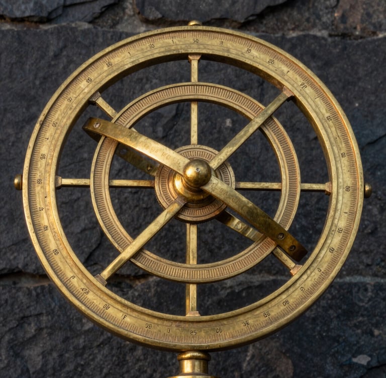 A macro close-up of an ancient brass astronomical instrument, intricate geometric engravings and coordinate lines catching warm twilight, dark stone background.