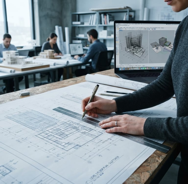 professional editorial photography, clean architectural studio lighting, cool blue and slate tones, sharp focus, 35mm. Hands of an architect working on a physical blueprint in a cool-toned studio, technical drawings and a laptop screen displaying 3D CAD software in the background.
