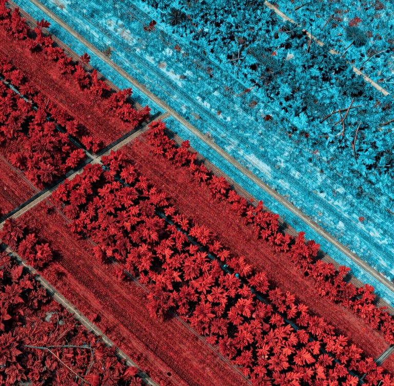 A multi-spectral vegetation heatmap of agricultural parcels, transitioning from deep infrared red to hyper-cyan, showing sharp geometric boundaries and high-contrast topography.