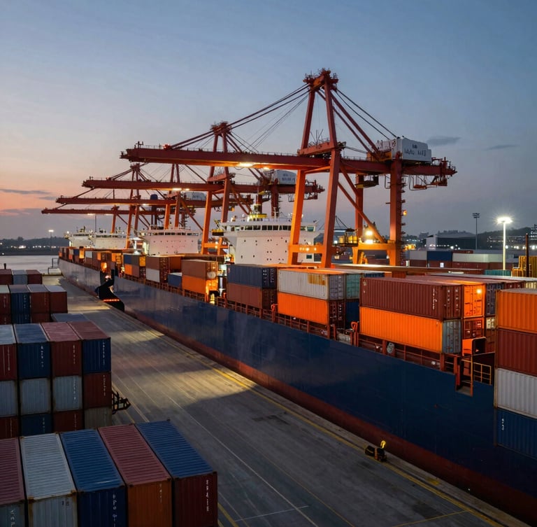 Wide-angle orbital view of a major shipping port at dusk, high-contrast shadow play on container stacks, safety-orange thermal overlays indicating activity.