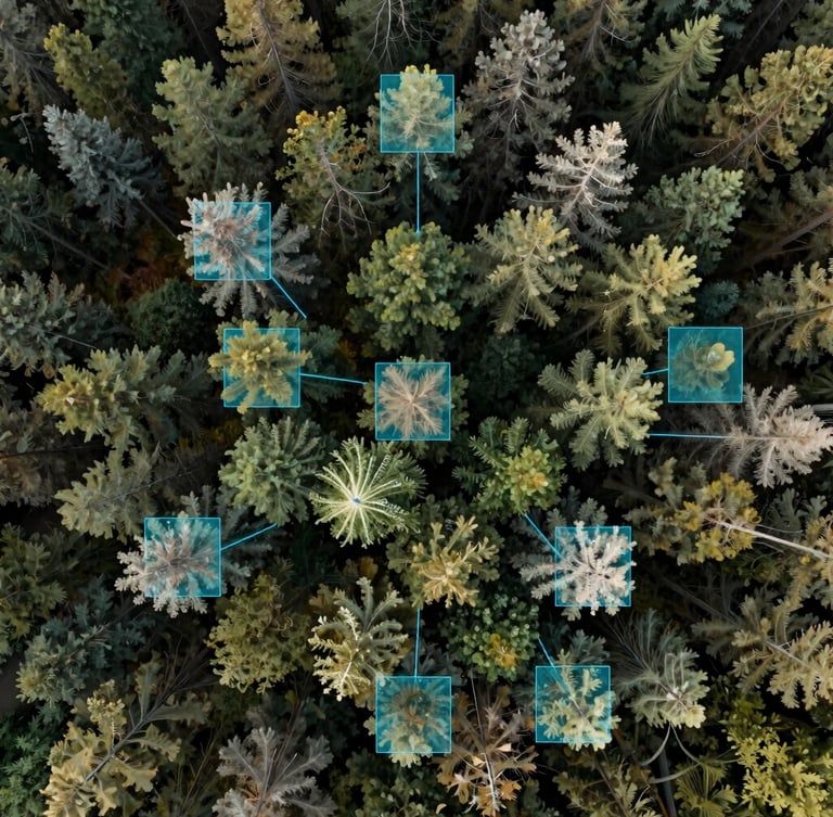Extreme top-down drone orthomosaic of a dense forest canopy, annotated with sharp hyper-cyan vector bounding boxes highlighting individual tree crowns.