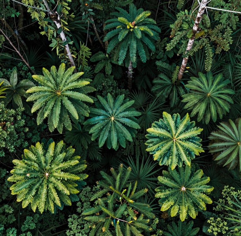Nadir perspective of a dense sub-tropical forest canopy, processed with hyper-cyan false-color vegetation heatmap overlays, showing sharp pixel-level moisture gradients.