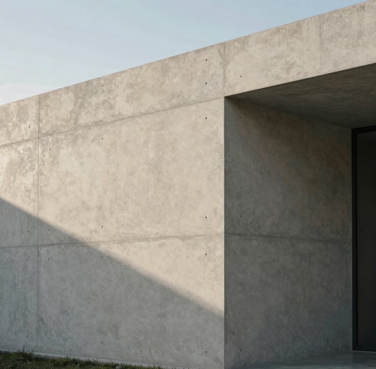 An architectural corner of a modern concrete studio in Miami, clean lines, pale warm gray surfaces, soft afternoon shadow, 35mm.
