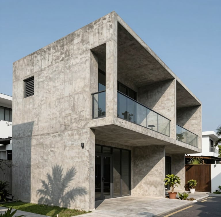 Strict one-point perspective of a monolithic raw concrete residence in Jakarta, sharp tropical daylight casting deep geometric shadows across the facade.