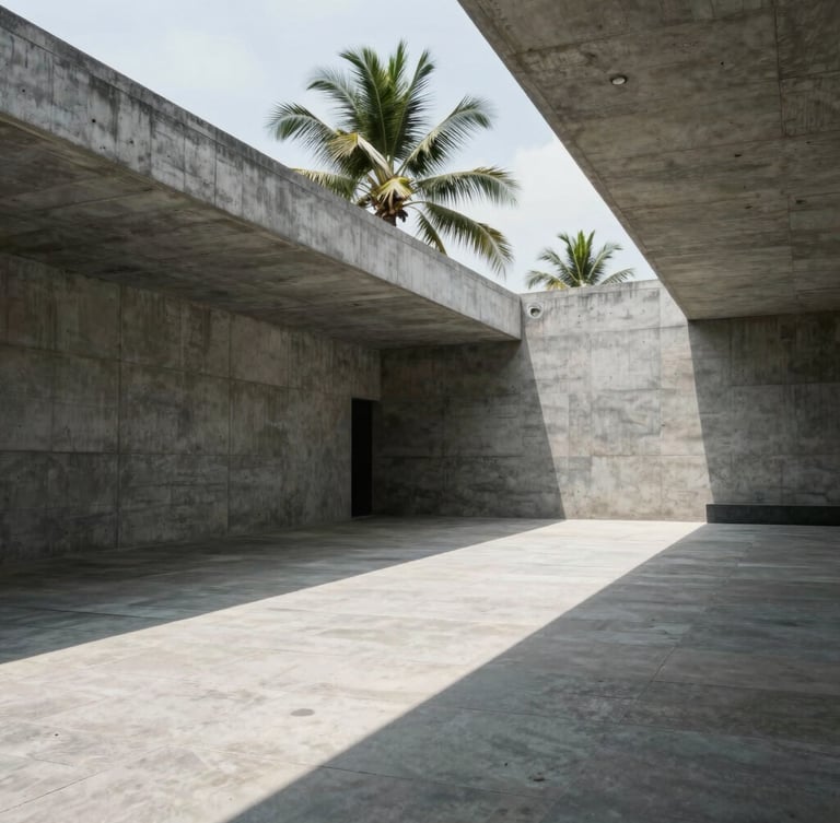 Strict one-point perspective of a monolithic concrete gallery hall, sharp tropical daylight casting deep shadows across raw stone floors, minimalist architectural detail.