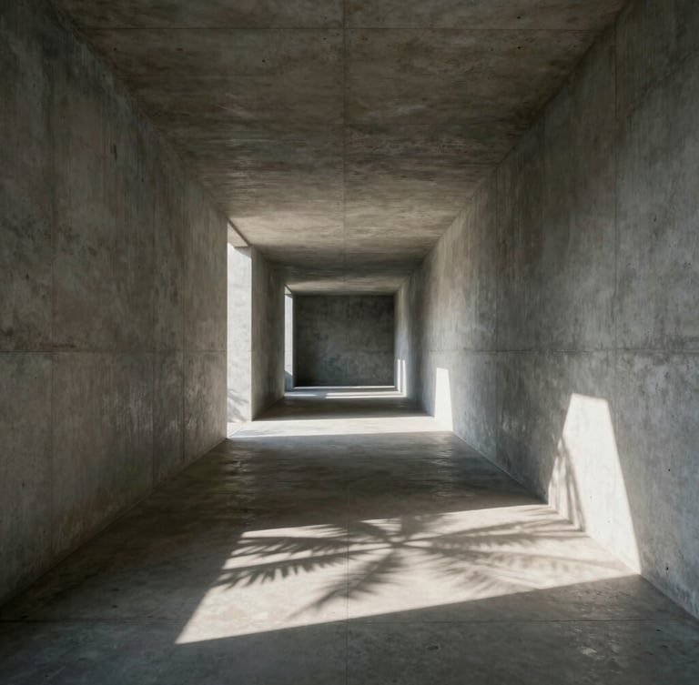 Strict one-point perspective of a raw concrete corridor, dramatic play of tropical light and shadow on the floor, minimalist architectural detail