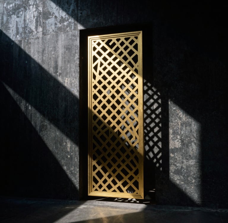 Dramatic architectural photography of a golden laser-cut metal screen casting geometric shadows on a dark concrete wall, high-contrast directional sunlight, 35mm