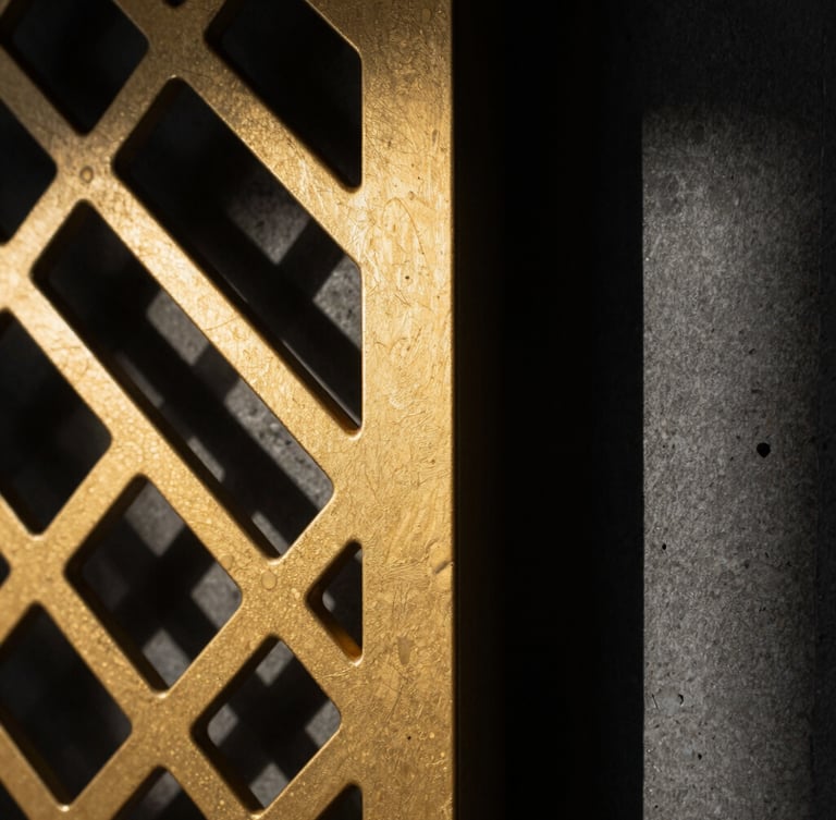 Macro close-up shot of a laser-cut gold anodized metal screen, sharp geometric shadows cast on a dark concrete wall, high-contrast dramatic lighting, architectural details