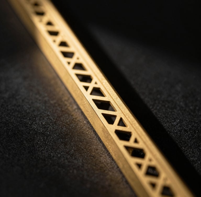 Macro close-up of a laser-cut gold metal screen edge, flawless precision CNC cut, dramatic directional sunlight casting geometric shadows on a black background, architectural 35mm photography