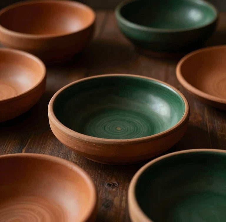 Close-up of textured terracotta tableware with rich dark green accents, low-lit dramatic lighting casting soft shadows