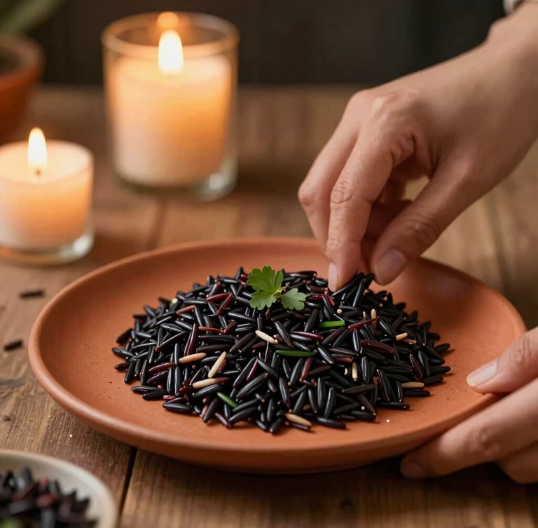 Hands carefully plating a modern interpretation of black rice with djon-djon, shallow depth of field, warm candlelight, moody editorial food photography