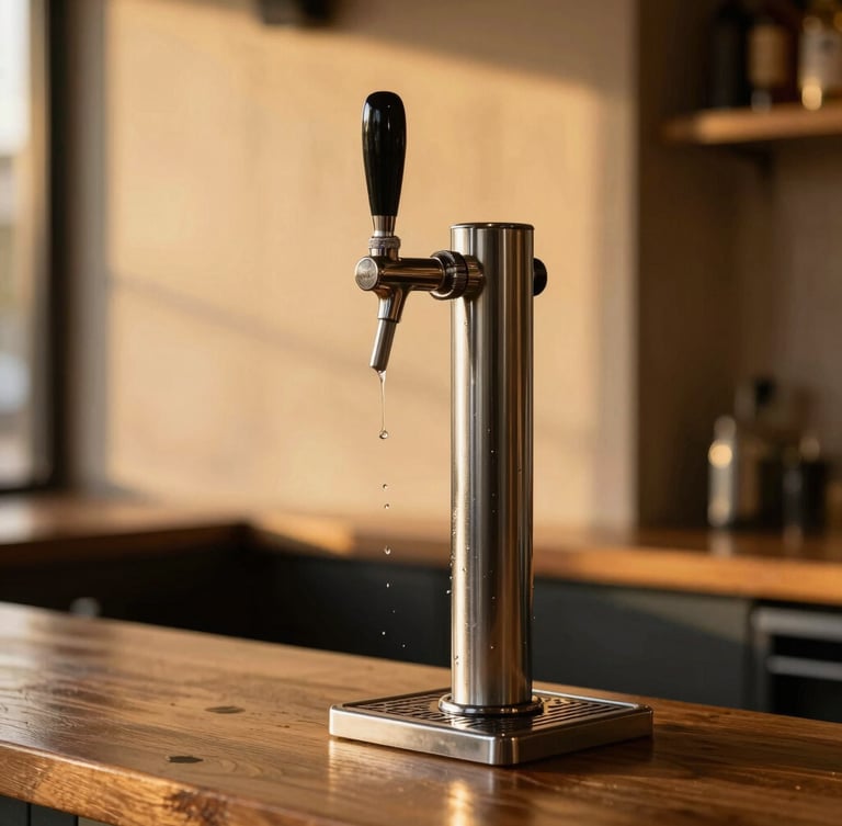 Sleek stainless steel draft beer tap tower on a wooden counter, condensation dripping, warm golden hour light, shallow depth of field, professional setup