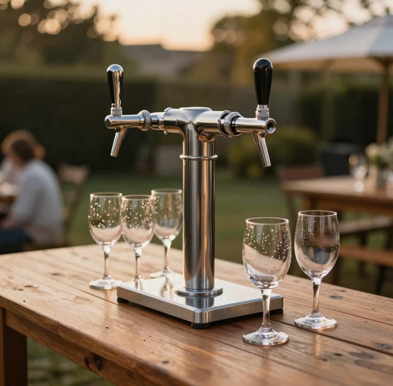 Sleek stainless steel mobile beer tap unit set up on a clean wooden table at an outdoor garden party, warm golden hour light, condensation on glasses, shallow depth of field, 35mm
